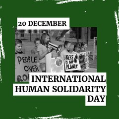 Composite of children protesting and 20 december with international human solidarity day text