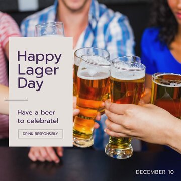 Composition of happy lager day text over diverse people drinking beer