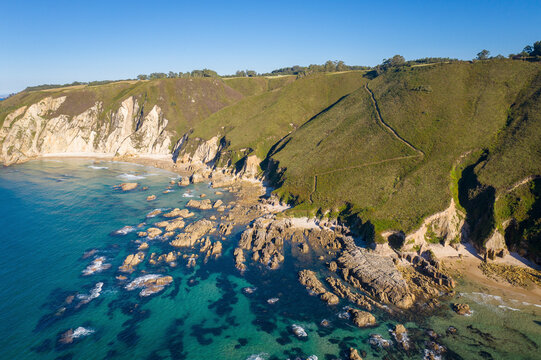 Aerial view of  El Oso and La Franca Beach, Asturias, Costa Verde, Spain