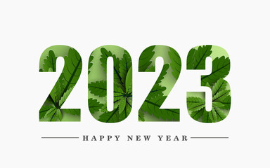 Happy New Year 2023. design green leaves inside number on white background.