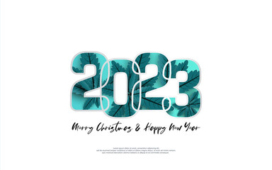 Happy New Year 2023 and merry christmas day. Design blue leaves inside number on white background.