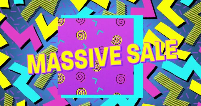 Image of massive sale over blue background with shapes and spirals