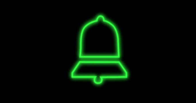 Animation of neon bell and christmas fairy lights flickering over black background