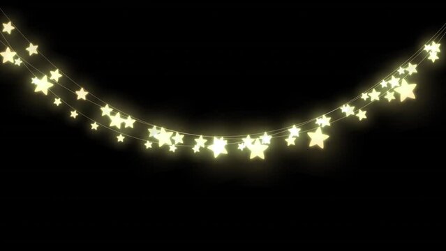 Animation of glowing string on stars and christmas fairy lights flickering