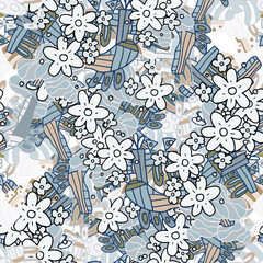 Fantasy messy freehand doodle geometric shapes and flowers seamless pattern.  Infinity ditsy scribble abstract card, layout. Creative background. Textile, fabric, wrapping paper.