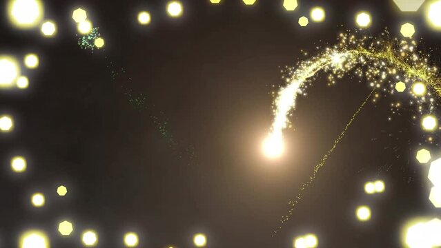 Animation of shooting star and christmas fairy lights flickering over black background