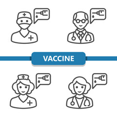 Vaccine Icons. Vaccination, Injection, Doctor, Surgeon, Nurse Vector Icon Set