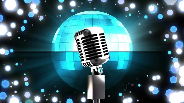 Animation of retro microphone, mirror disco ball and christmas fairy lights flickering