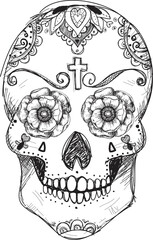 Halloween, Dia de Los Muertos, sugar skull vector black and white, hand drawn