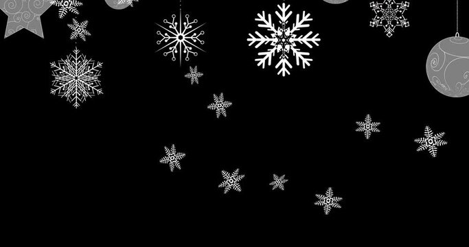 Animation of snow falling and christmas fairy lights flickering over black background