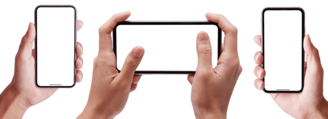 Hand holding phone  PNG set with smartphone blank screen and modern frameless design, hold Mobile phone on transparent background Ideal for marketing, app design 