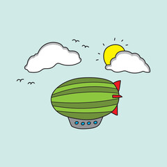 illustration vector graphic Kids drawing style funny green zeppelin flying in the sky in a cartoon style. © wordspotrayal