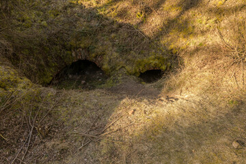 Drone view of old abandoned and buried historic building