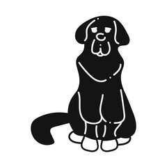 Newfoundland2. Silhouette of Newfoundland dog sits in front of us. Black and white cartoon doodle illustration.