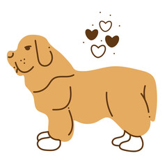 Newfoundland5. Silhouette of Newfoundland dog stands sideways, hearts. Color cartoon doodle illustration.