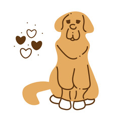 Newfoundland6. Silhouette of Newfoundland dog sits in front of us, hearts. Color cartoon doodle illustration.
