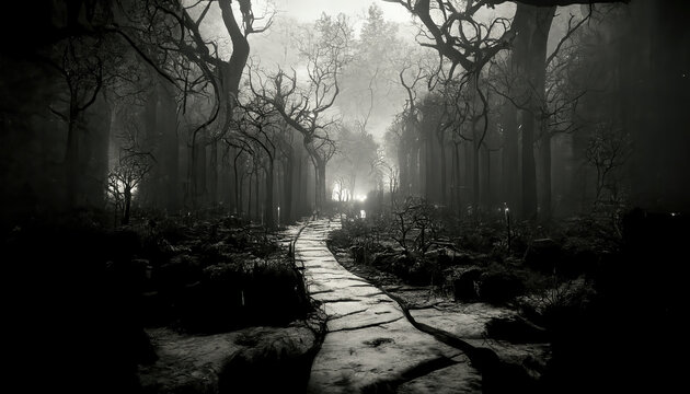 AI generated image of a forest with overgrowth and horror 