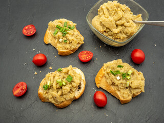 appetizer romanian eggplant salad with onion and tomatoes spread on bread	
