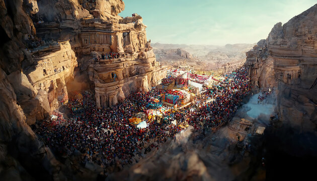 AI generated image of an ancient gypsy carnival at the Treasury in Petra, Jordan 