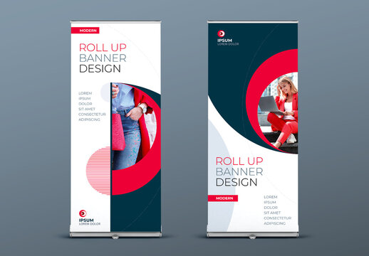Business Roll Up Banner Layout with Red Circle Elements