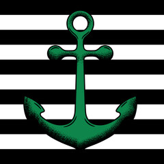 Nautical anchor of green color on a striped background.Illustration in ink hand drawn style.
