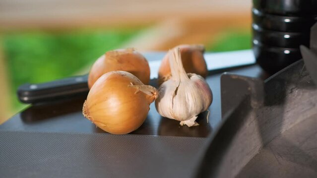 onions and garlic lie together with a knife at the grill