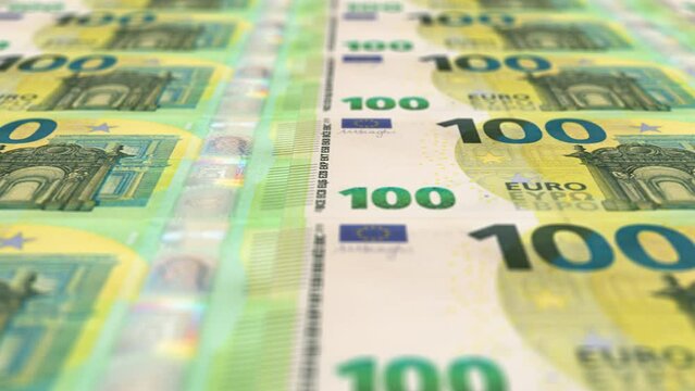 100 Euro banknote printing. Business and Finance concepts. Seamless loopable animation.