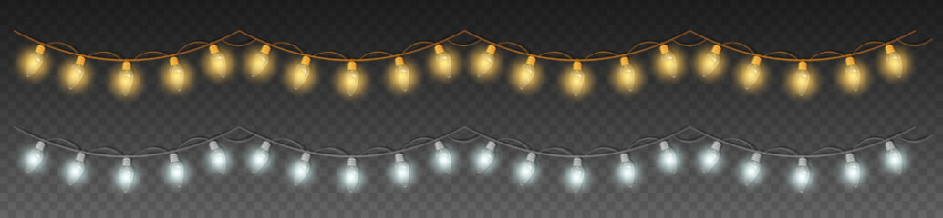Set of two 3d white and yellow seamless Christmas garland lights. Glowing bulbs on golden and silver wire for holiday decoration. Realistic festive Garland string isolated on transparent background © Qeeraw
