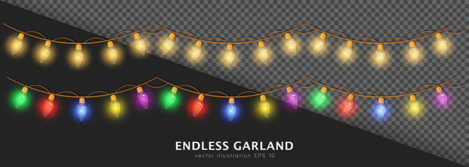 Set of two 3d colorful and yellow seamless Christmas garland lights. Glowing bulbs on golden wire for holiday decoration. Realistic festive Garlands string isolated on transparent background. © Qeeraw