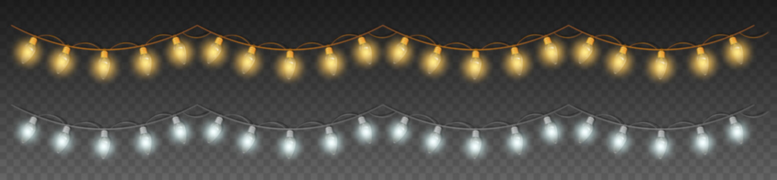 Set of two 3d white and yellow seamless Christmas garland lights. Glowing bulbs on golden and silver wire for holiday decoration. Realistic festive Garland string isolated on transparent background