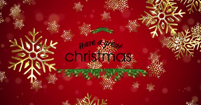 Animation of christmas greetings text over snow falling on red background