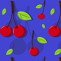 Seamless background, pattern of red cherries on a blue background. Pattern for fabric, wallpaper. Flat style.