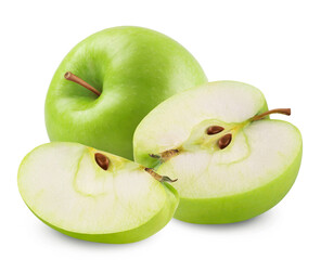 Apple isolated. Ripe green apple and apple slice isolated on white background. Fresh fruits.