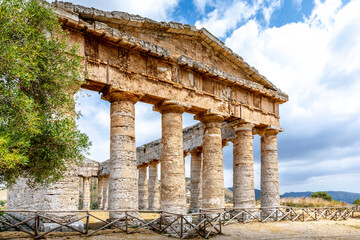 Calatafimi-Segesta, Sicily, Italy - July 9, 2020: Doric Temple and landscape of Segesta in Sicily,...