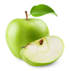 Apple isolated. Ripe green apple, half and slice of apple on a white background. Fresh fruits.
