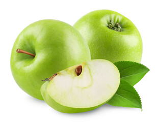 Apple isolated. Ripe green apple and apple slice isolated on white background. Fresh fruits.