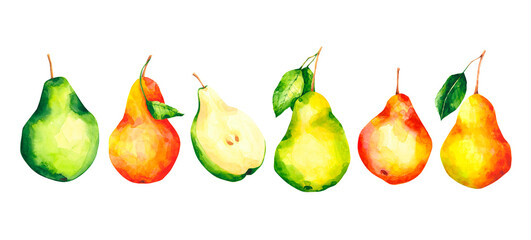 Watercolor pears and leaves clipart set. Collection of pear fruit clip art isolated on transparent background. Bright botanical illustration.