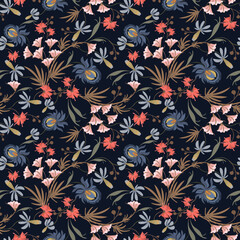 Beautiful,  abstract, tropical flowers и leaves pastel colors on a dark blue background. Pattern in boho style. It can be used for wallpaper, textiles, fabrics, wrapping. Vector illustration, eps10
