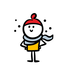 Cute doodle stickman in red hat and winter scarf standing under the snowfall.