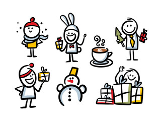 Set of cute hand drawn characters for christmas and new year winter holidays.