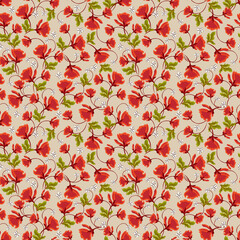 Beautiful seamless pattern with  of plants similar to peony, carnation, poppy petals. Red, orange, green, beige, white, maroon colors.  Vector illustration. Modern textile, branding, packaging