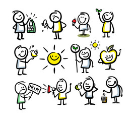 Naklejka premium Ecological characters set of hand drawn people and nature elements.