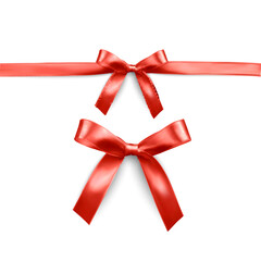 Decorative red bow with horizontal red ribbon isolated on white. Set of bows for page decor Vector format