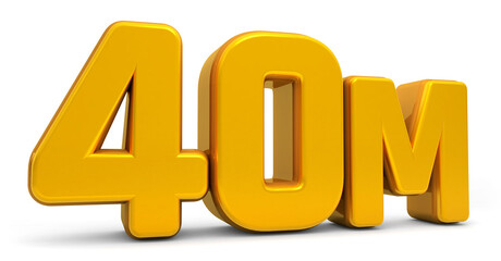 Golden 40M isolated on white background. 40M 3d. Thank you for 40 Million followers 3D gold. 3D rendering