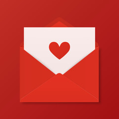 Vector 3d Realistic Opened Red Envelope on Red Background with Heart. Isolated Envelope with Paper Sheet Inside. Invitation, Message, Letter Template. Design Template for Valentine's Day Card, Banner