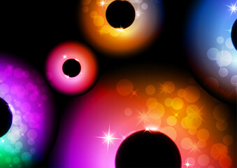 Colored glowing magic rings, glare, sparks. Abstract background for an invitation. Vector