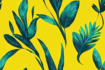 Fototapeta na wymiar Bright seamless pattern with tropical plants and leaves on yellow background. 2d design. Jungle print. Textiles and printing.
