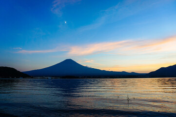 Fuji and the moon at beautiful dusk