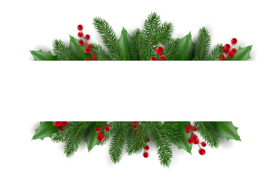 Banner with Christmas tree branches. Christmas garland with holly berries. Realistic looking Christmas tree branches decorated with berries and leaves