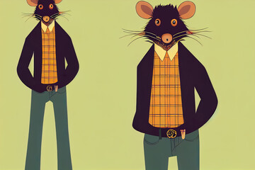 Humanized rat man hipster with tattoo dressed up in plaid shirt and jeans. Hand drawn 2d illustration. Furry art image. Anthropomorphic animal.